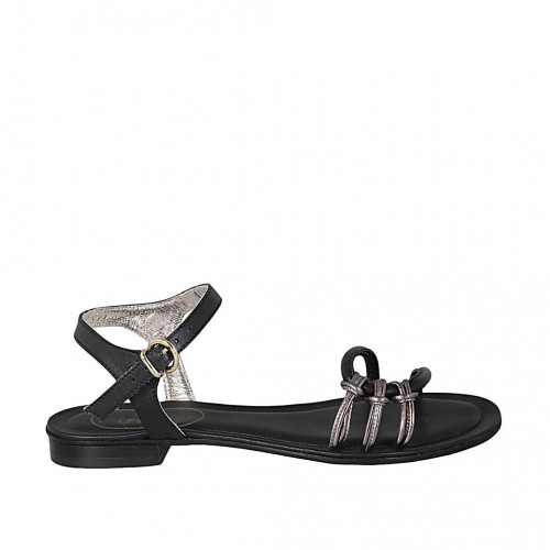 Sandalia con cinturon para mujer en piel negra y piel laminada gris acero tacon 2 - Tallas disponibles:  33, 42, 43, 44, 45