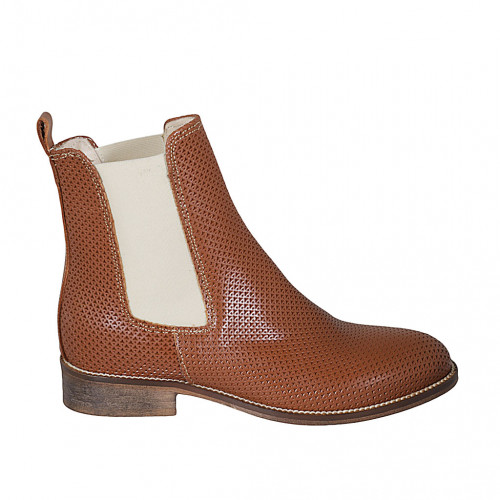 Woman's ankle boot in tan brown pierced leather with elastic bands heel 3 - Available sizes:  32, 33, 34, 42, 43, 44, 45, 46