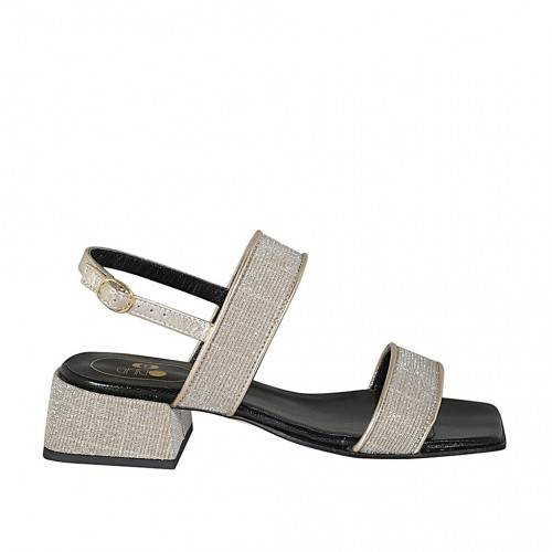 Woman's sandal in platinum glittered fabric and laminated leather heel 4 - Available sizes:  45