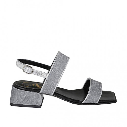 Woman's sandal in silver fabric and laminated leather heel 4 - Available sizes:  32, 33, 42, 44, 45