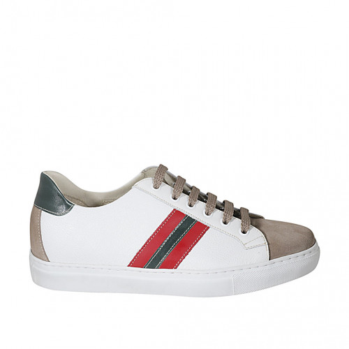 Man's laced shoe with removable insole in taupe nubuck leather and white, green and red leather - Available sizes:  37, 46, 50, 51, 52, 53, 54