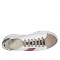 Man's laced shoe with removable insole in taupe nubuck leather and white, green and red leather - Available sizes:  37, 38, 46, 47, 48, 49, 50, 51, 52, 53, 54