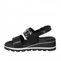 Woman's sandal with accessory in black leather wedge heel 4 - Available sizes:  43, 45