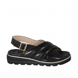 Sandale pour femmes en cuir noir avec bandes croisés talon compensé 3 - Pointures disponibles: 33, 42, 43, 44