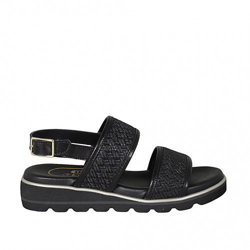 Sandalo da donna in pelle intrecciata nera zeppa 3 - Misure disponibili: 44