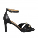Woman's open shoe with strap and accessory in black leather heel 8 - Available sizes:  31, 32, 33, 34, 42, 45, 46