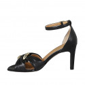 Woman's open shoe with strap and accessory in black leather heel 8 - Available sizes:  31, 32, 33, 34, 42, 45, 46