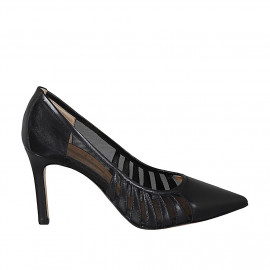 Decolté a punta da donna in pelle nera e tessuto a rete tacco 8 - Misure disponibili: 31, 34, 43, 46