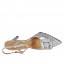 Woman's pointy slingback pump with strap and rhinestone clip-on in silver laminated leather heel 8 - Available sizes:  45
