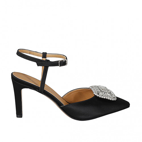 Chaussure ouverte au talon à bout pointu pour femmes avec courroie et strass en satin noir talon 8 - Pointures disponibles:  46, 47