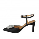 Chaussure ouverte au talon à bout pointu pour femmes avec courroie et strass en satin noir talon 8 - Pointures disponibles:  46, 47