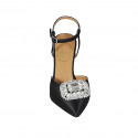 Chaussure ouverte au talon à bout pointu pour femmes avec courroie et strass en satin noir talon 8 - Pointures disponibles:  46, 47