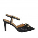 Woman's slingback pump in black leather with accessory and strap heel 8 - Available sizes:  31, 32, 33, 34, 42, 43, 44, 45, 46, 47