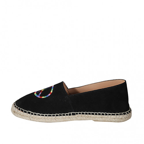 Originale in Spanien hergestellte Espadrilles aus schwarzem Wildleder mit buntem Friedenslogo Keilabsatz 1