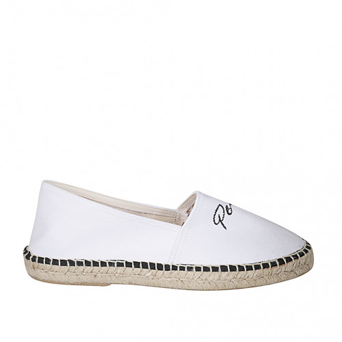 Originale in Spanien hergestellte Espadrilles aus weißem Stoff mit schwarzer Aufschrift "Peace" und "Love" Keilabsatz 1