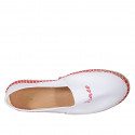 Espadrillas originali prodotte in Spagna in tessuto bianco con scritte "Peace" e "Love" arancioni zeppa 1 - Misure disponibili: 42, 43