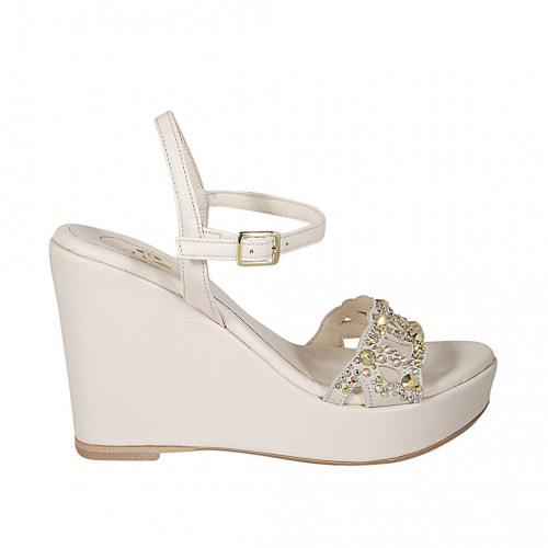 Woman's sandal in nude leather with strap, rhinestones, platform and wedge 10 - Available sizes:  33, 34, 42, 43, 44, 45, 46