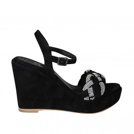 Woman's sandal in black suede with strap, rhinestones, platform and wedge heel 10 - Available sizes: 43, 44