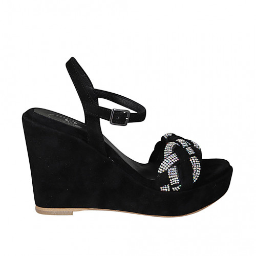 Woman's sandal in black suede with strap, rhinestones, platform and wedge heel 10 - Available sizes:  43, 44, 45, 46