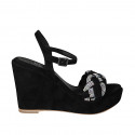 Sandale pour femmes en daim noir avec courroie, strass, plateforme et talon compensé 10 - Pointures disponibles:  43, 44