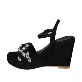 Sandale pour femmes en daim noir avec courroie, strass, plateforme et talon compensé 10 - Pointures disponibles:  43, 44 2