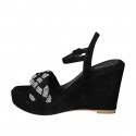 Woman's sandal in black suede with strap, rhinestones, platform and wedge heel 10 - Available sizes:  43, 44