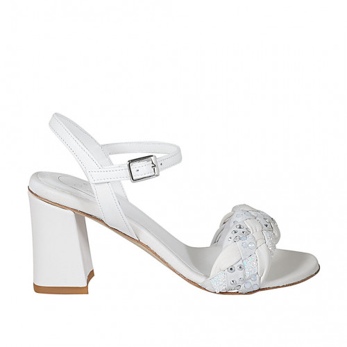 Woman's sandal with strap, rhinestones and glitter in white leather heel 7 - Available sizes:  34, 42, 44, 45, 46