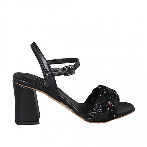 Sandalo da donna con cinturino, strass e glitter in pelle nera tacco 7 - Misure disponibili: 34, 42, 44, 45, 46