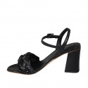 Woman's sandal with strap, rhinestones and glitter in black leather heel 7 - Available sizes:  34, 42, 44, 45, 46