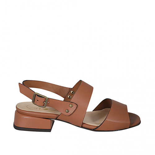 Woman's sandal in cognac brown leather with heel 3 - Available sizes:  33, 42, 43, 44, 45
