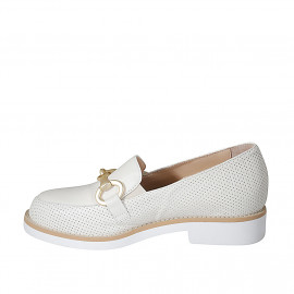 Woman's moccasin with accessory and elastic bands in cream white leather and pierced leather heel 3 - Available sizes:  45 2