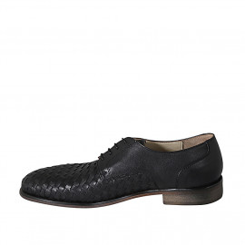Man's laced derby shoe in black leather and braided leather - Available sizes:  36, 46, 47, 48 2