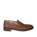 Men's loafer in tan brown leather and braided leather - Available sizes:  37, 46, 47, 48, 49, 50