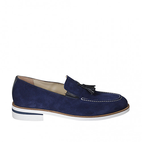 Men's loafer with tassels and elastic bands in blue suede - Available sizes:  36, 46, 47, 48