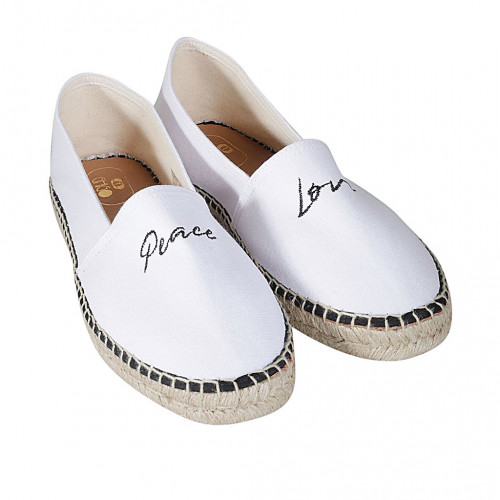 Espadrillas originali prodotte in Spagna in tessuto bianco con scritte "Peace" e "Love" nere zeppa 1 - Misure disponibili: 42, 43, 45