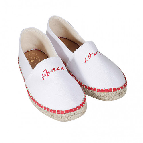 Espadrillas originali prodotte in Spagna in tessuto bianco con scritte "Peace" e "Love" arancioni zeppa 1 - Misure disponibili: 42, 43, 44, 45