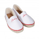 Espadrillas originali prodotte in Spagna in tessuto bianco con scritte "Peace" e "Love" arancioni zeppa 1 - Misure disponibili: 42, 43, 44, 45