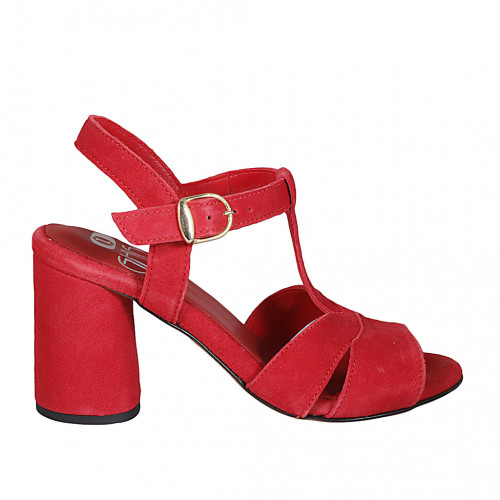 Woman's strap sandal in red suede heel 7