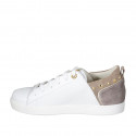 Woman's laced shoe in white leather and beige suede with studs and removable insole wedge heel 2 - Available sizes:  44