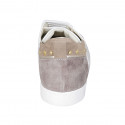 Woman's laced shoe in white leather and beige suede with studs and removable insole wedge heel 2 - Available sizes:  44
