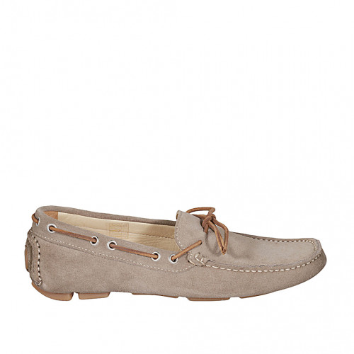 Men's car shoe with laces in beige suede
