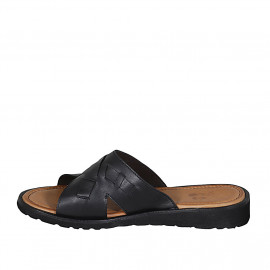 Men's slippers with crossed bands in black leather - Available sizes:  47, 48, 54 2