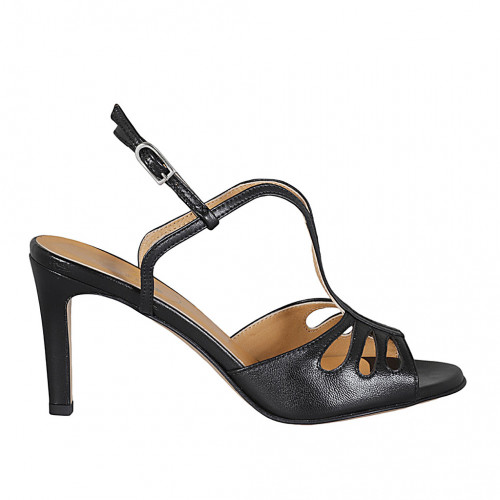 Sandale pour femmes en cuir perforé noir talon 8 - Pointures disponibles:  31, 33, 42, 44, 45, 46