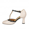 Woman's open shoe with strap in nude leather and black patent leather heel 8 - Available sizes:  33, 34, 44, 46
