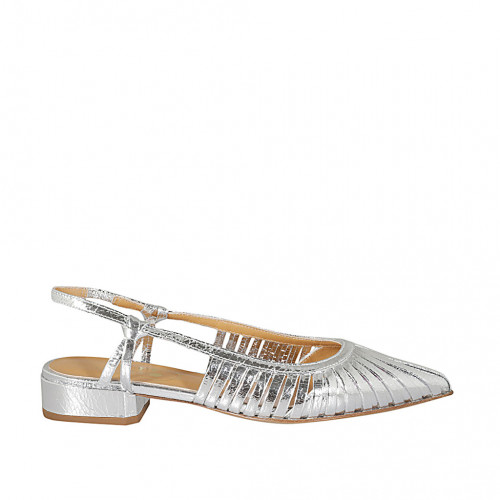 Woman's pointy slingback pump in silver laminated leather with elastic heel 3 - Available sizes:  44, 45