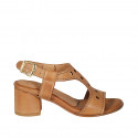Woman's sandal in tan brown pierced leather heel 5 - Available sizes:  43, 44, 45