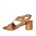 Sandalo da donna in pelle forata color cuoio tacco 5 - Misure disponibili: 43