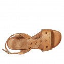Woman's sandal in tan brown pierced leather heel 5 - Available sizes:  43, 44, 45