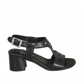 Woman's sandal in black pierced leather heel 5 - Available sizes:  42