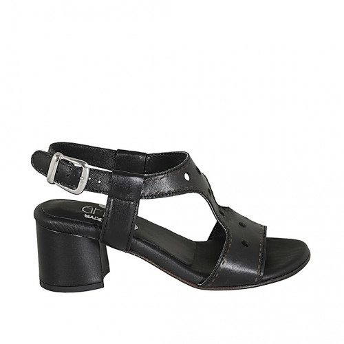 Woman's sandal in black pierced leather heel 5 - Available sizes:  32, 33, 34, 42, 43, 44